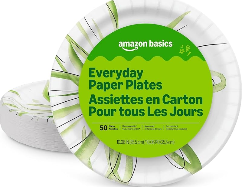 Amazon Basics Everyday Paper Plates, 10 Inch, Disposable, 50 Count, Packaging May Vary