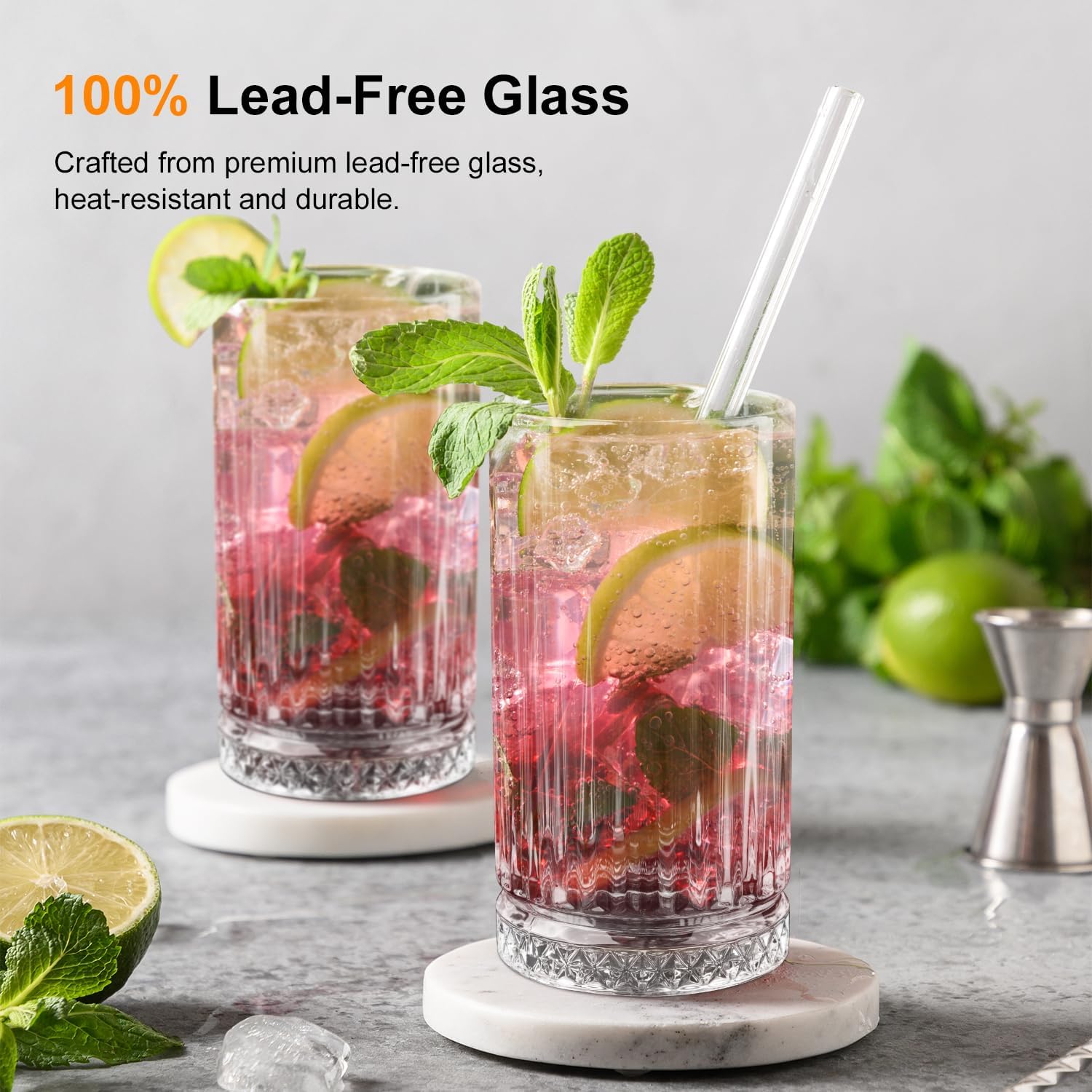 Highball Glasses Set of 4, 16oz Tall Drinking Glasses, Lead-free Crystal Water Glassware for Juice, Cocktails, Iced Tea - Image 4