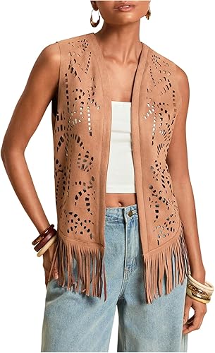 MakeMeChic Women's Fringe Trim Hollow Out Vest Top Faux Suede Open Front Tank To