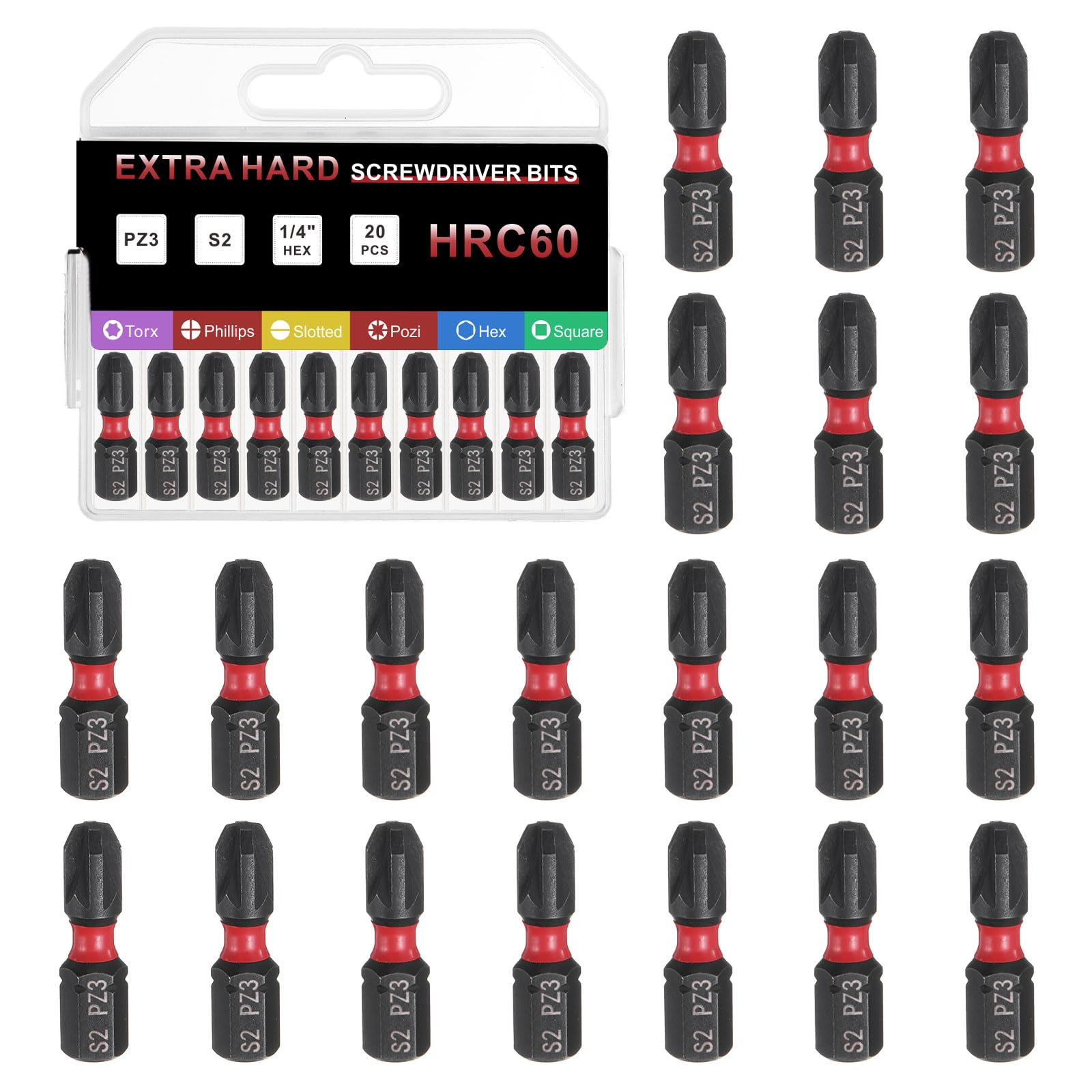 sourcing map 20pcs PZ3 Screwdriver Bit 1/4" Hex Shank 25mm/1" Length Magnetic Phillips Slotted Hex Bits S2 Steel Screw Driver Bit for Impact Electric Screw Driver Power Tools