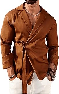 Men's Long Sleeve Wrap Tie Front Collar Neck Drop Shoulder Shirts Top