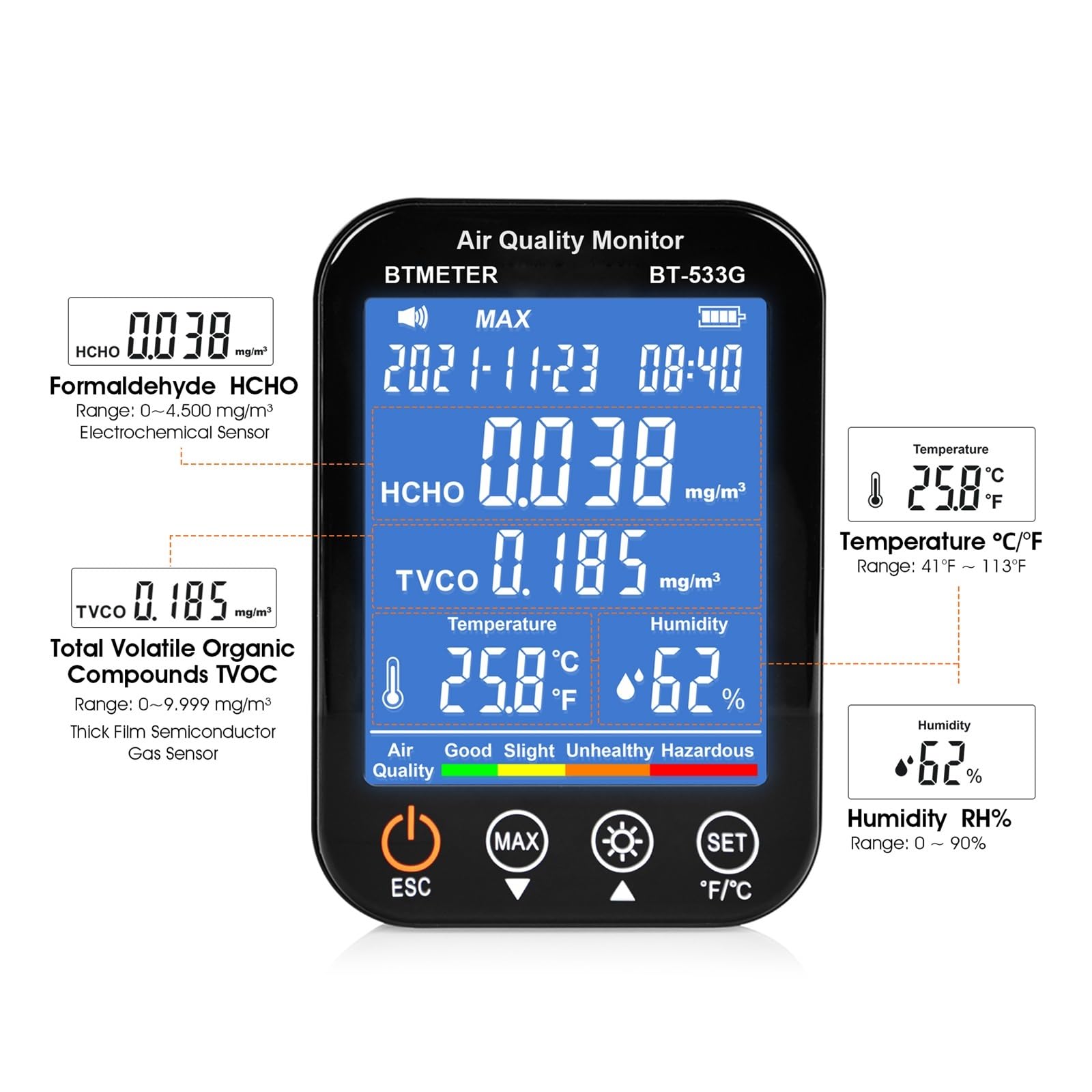 Moniteur de qualité de l'air intérieur BT-533G 4 en 1 détecteur de formaldéhyde HCHO/TVOC testeur précis