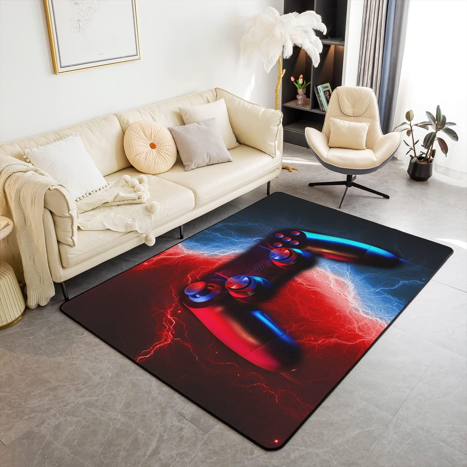 SMXVRC Video Game Controller Area Carpet, 180x260cm, Red Blue Lightning 3D Gamepad Living Room Rug, with Non Slip Backing Breathable Low Pile Rugs, Dirty Resistant Machine Washable Mat for Boys