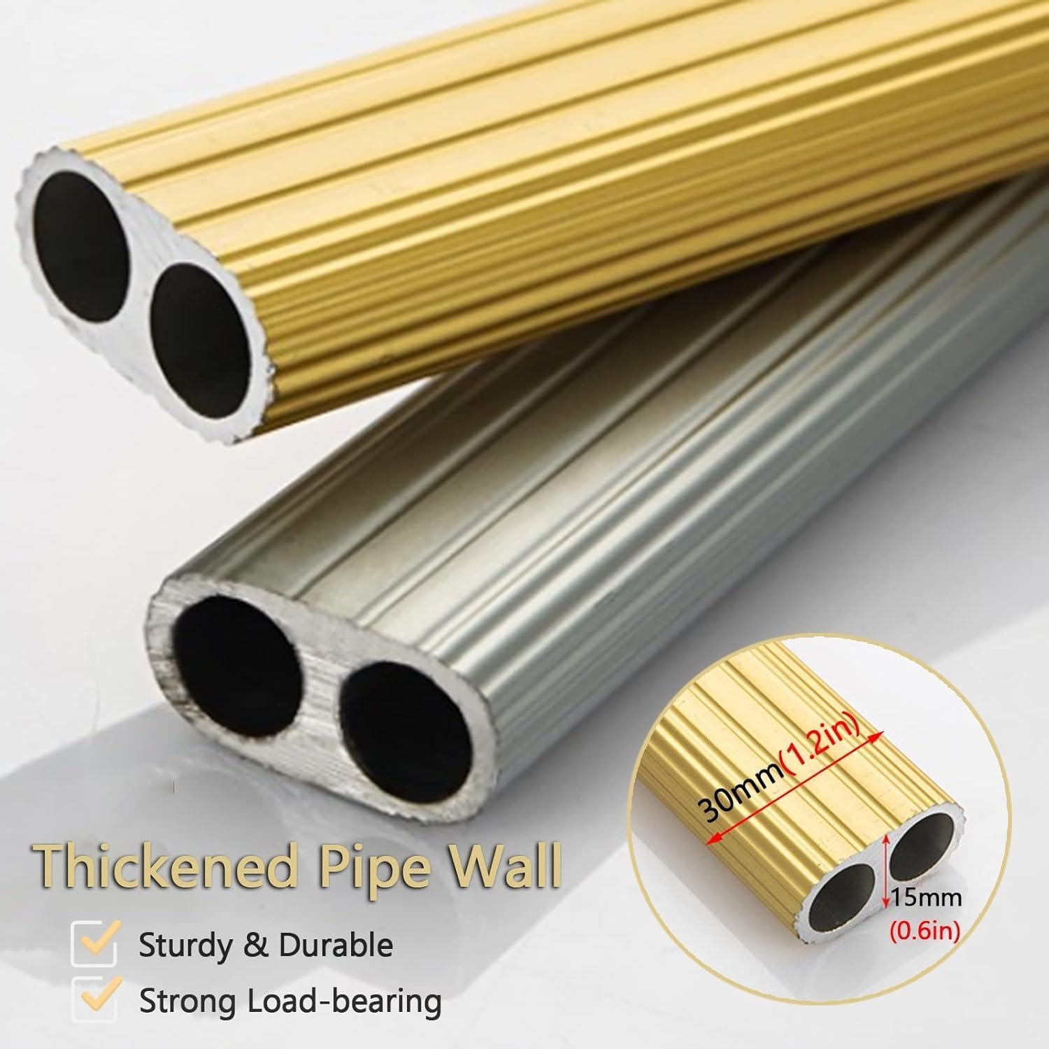 Aluminum Alloy Closet Rod with End Supports Screws,Clothes Hanging Bar,Wall Mounted Oval Polished Chrome Closet Rod,for Bedroom/Laundry Room/Clothing Store Hanging Bar(125cm/49.2in, Gold)