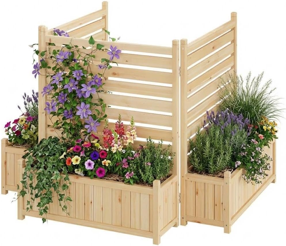 GAOMON Air Conditioner Fence Panels, Outdoor Wood Privacy Screen with Planter Box for Outside, Pool Equipment Enclosure, Trash Can Hider Outdoor, No-Dig 34" w x 40" h（3 Panels）