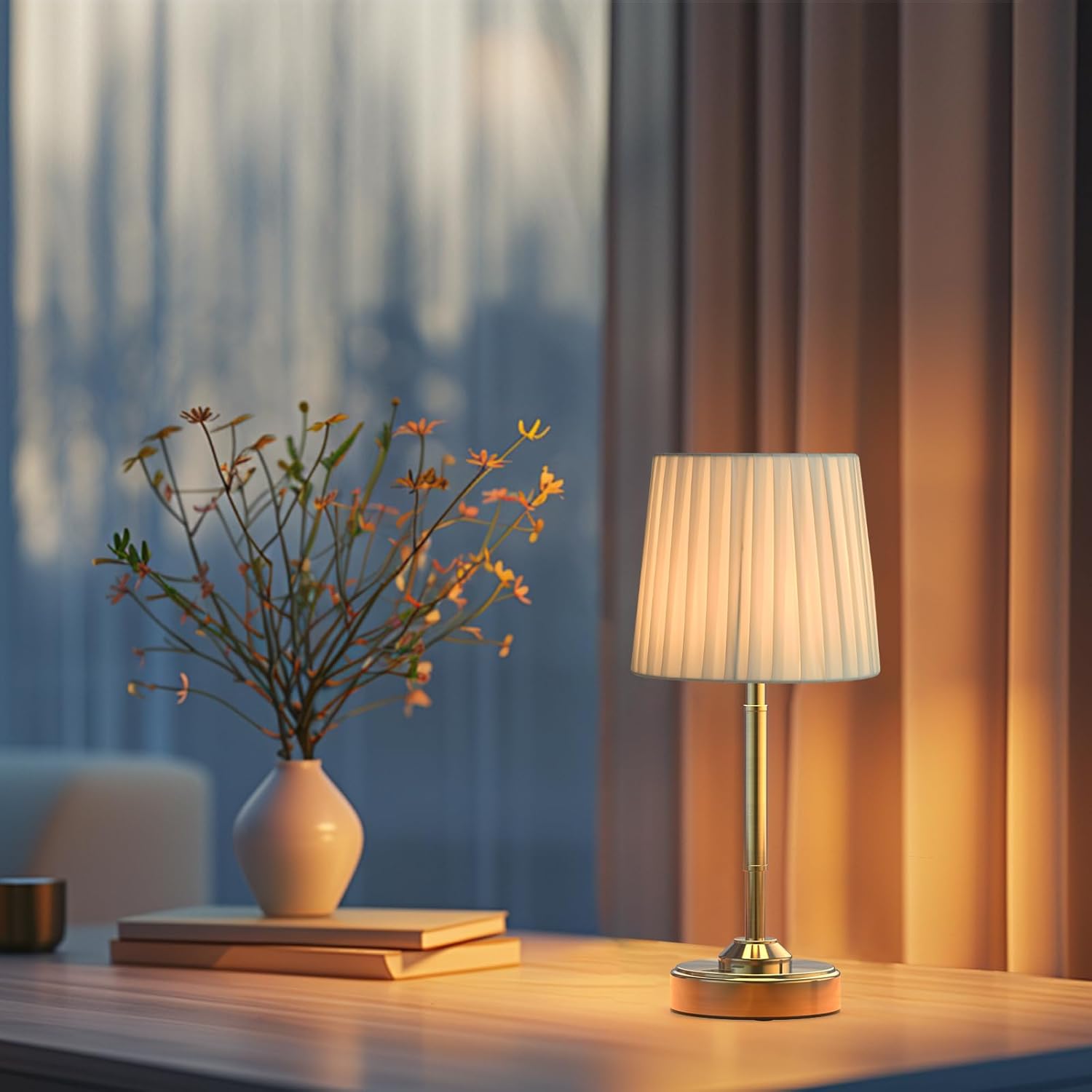 Neoglint Cordless Table Lamp Rechargeable Gold, 5000mAh Battery Powered Desk Lamp with Fabric Shade, Stepless Dimmable 3 Color Modes, Portable Small Bedside Nightstand Lamp for Bedroom Living Room