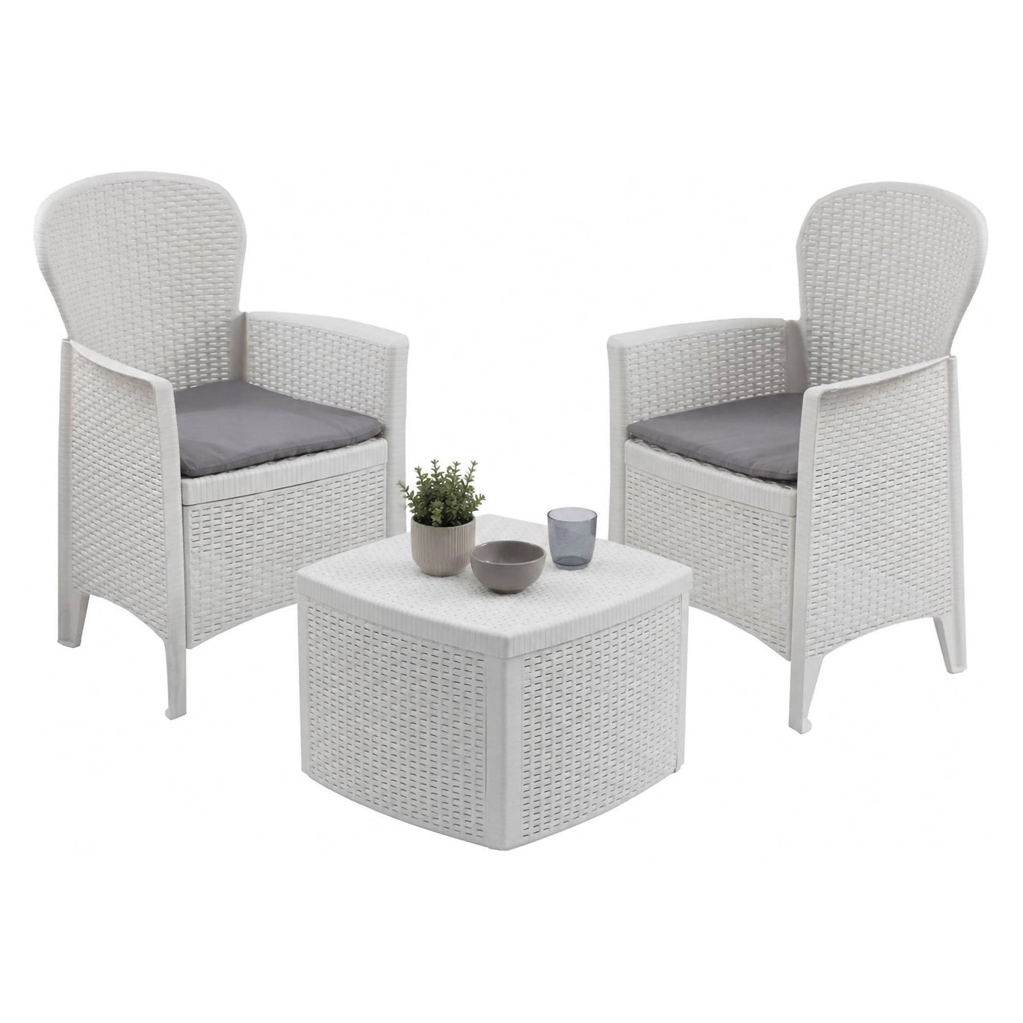 Dmora - Set salotto da esterno Napoli, Composizione da giardino con 2 poltrone ed 1 tavolino contenitore, Salottino effetto rattan, 100% Made in Italy, Bianco