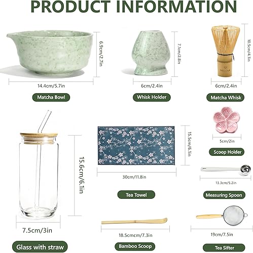 Miniatura 2 de Juego de 9 batidores de matcha, kit de cerámica Matcha incluye cuenco matcha, batidor y soporte, cuchara de bambú y reposo, vidrio con pajilla,