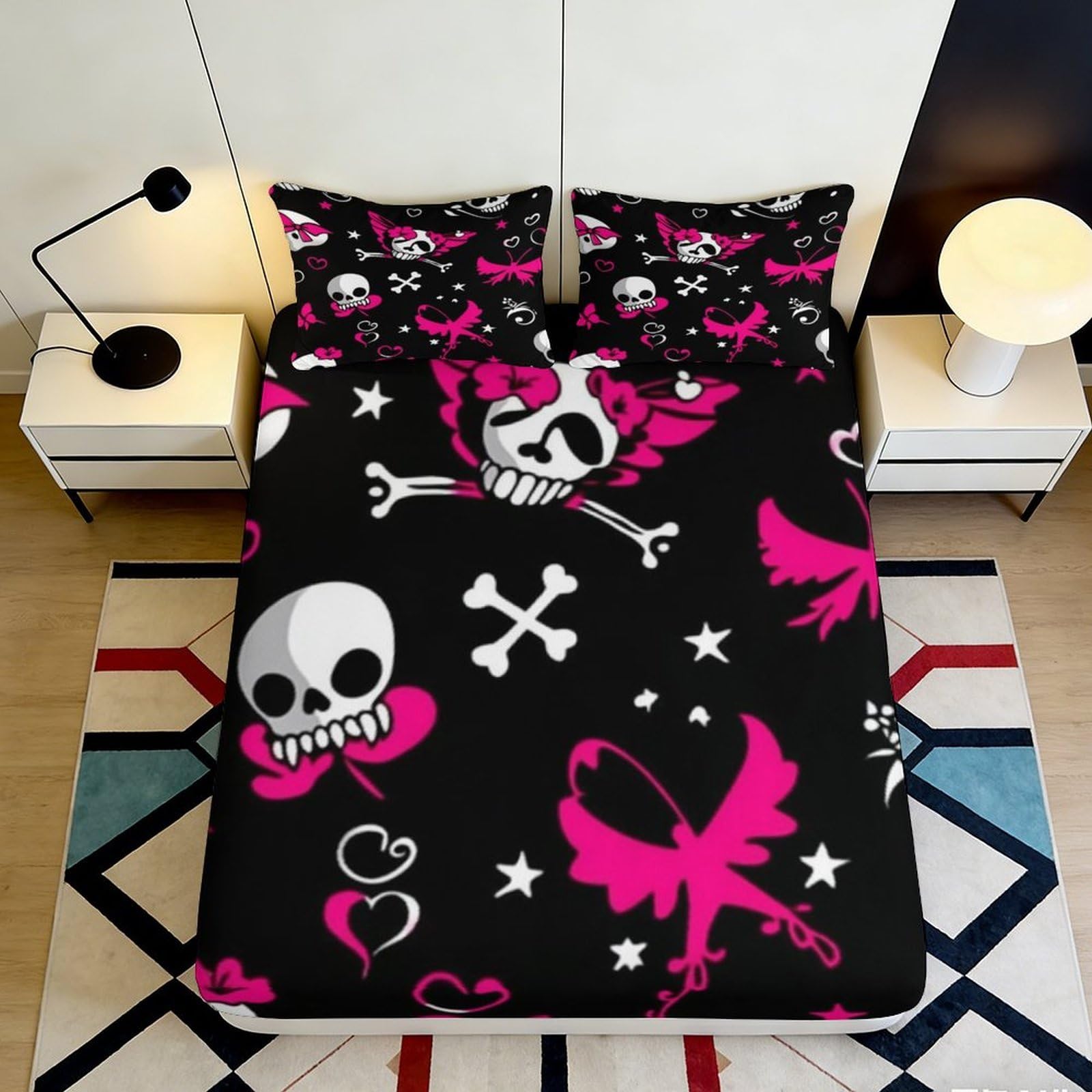 3D Printed Skull Butterfly Fitted Sheet Microfiber Pink Black Gothic Hearts Mattress Cover Bedroom Decor 120x200cm 90x200x25cm