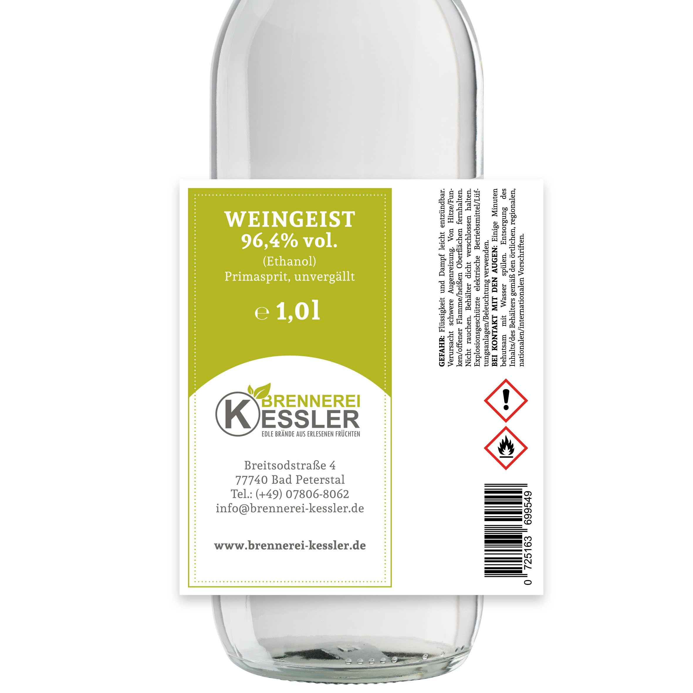 Brennerei Kessler Weingeist Primasprit Ethanol Trinkalkohol 96,4% - 1000ml - zur Herstellung von Likören - Direkt aus der Brennerei