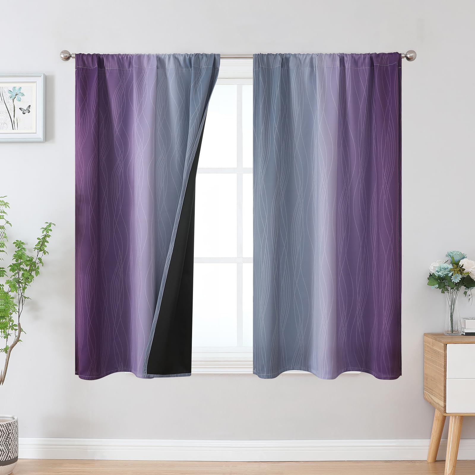 Estelar Textiler Purple and Gray Blackout Curtains 54 Inch Length, Light Blocking Gradient Drapes for Kitchen, Thermal Insulated Rod Pocket Ombre