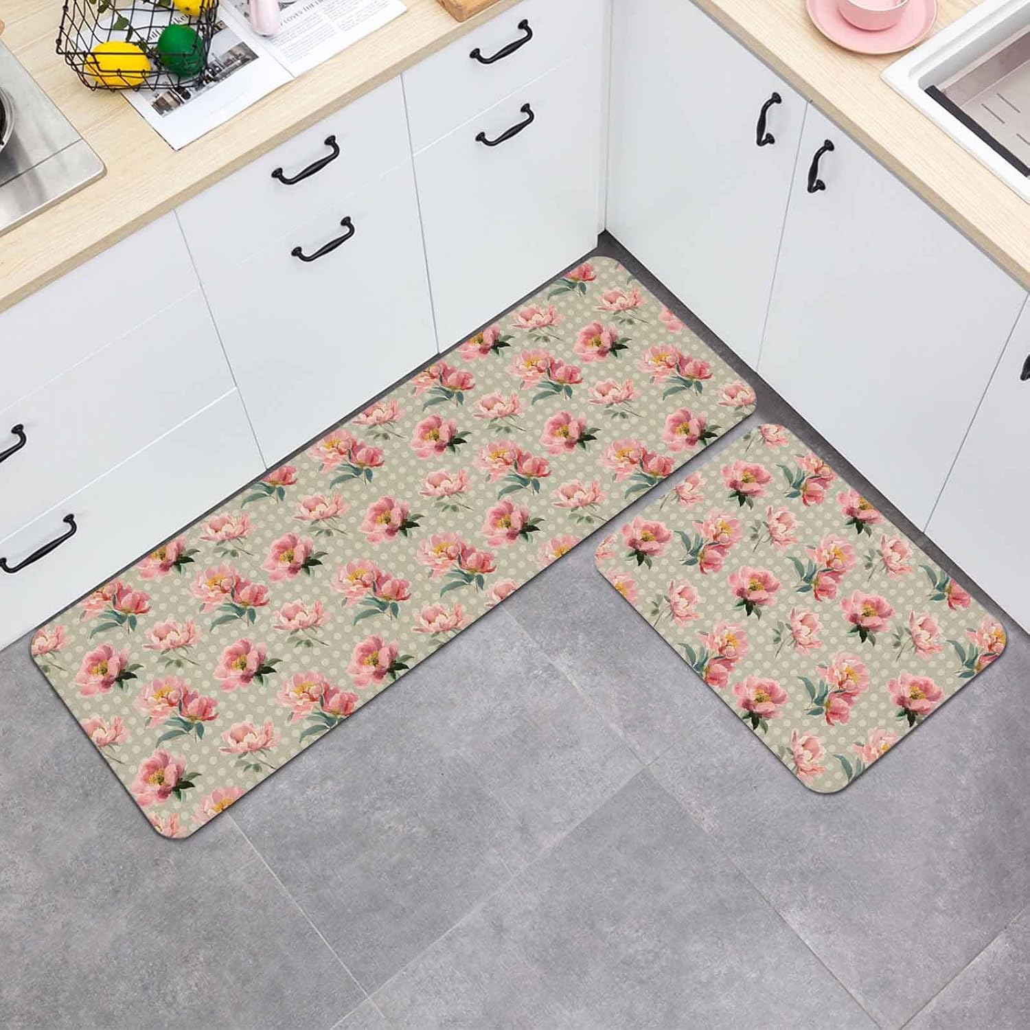 Prime Leader Pink Floral Kitchen Mat Set 2 Pieces Vintage Pink Flowers Leaf Sage Green Dots Non Slip Kitchen Rugs Washable Runner Rug Mats for Sink Laundry (19.7" x 31.5"+19.7" x 47.2")