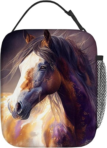 Miniatura 2 de Bolsa de almuerzo aislada marrón con caballo de acuarela para mujer, lonchera para hombres, bolsa de mano portátil para trabajo, picnic, viaje, 10 x