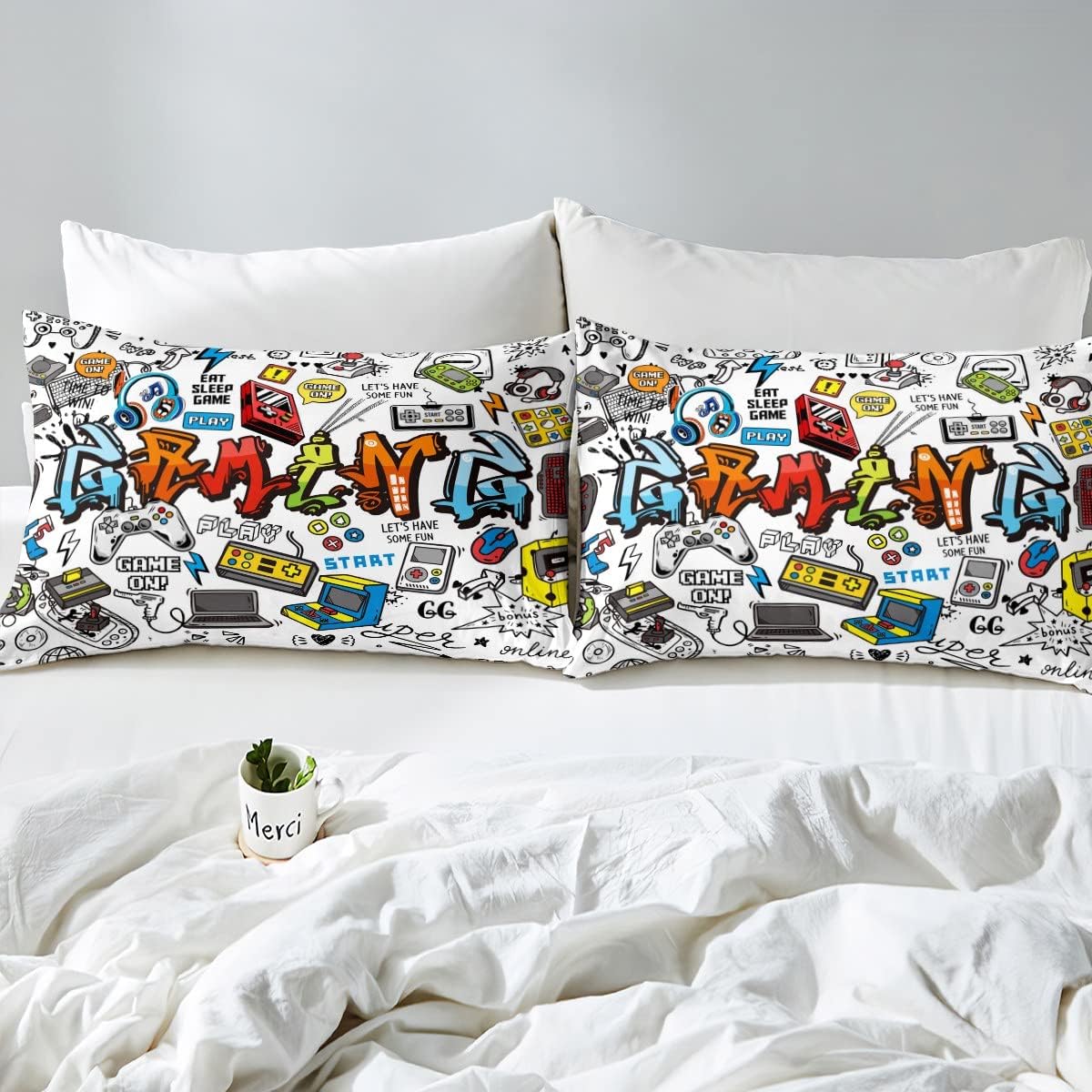 Loussiesd Gamer Bedding Set Multi-color Graffiti Gamepad Duvet Cover Video Game Reversible Comforter Cover Set for Young Man Kids Teens Boys Room Decor Youth 3Pcs Double Beddiing with 2 Pillow Case - Image 5