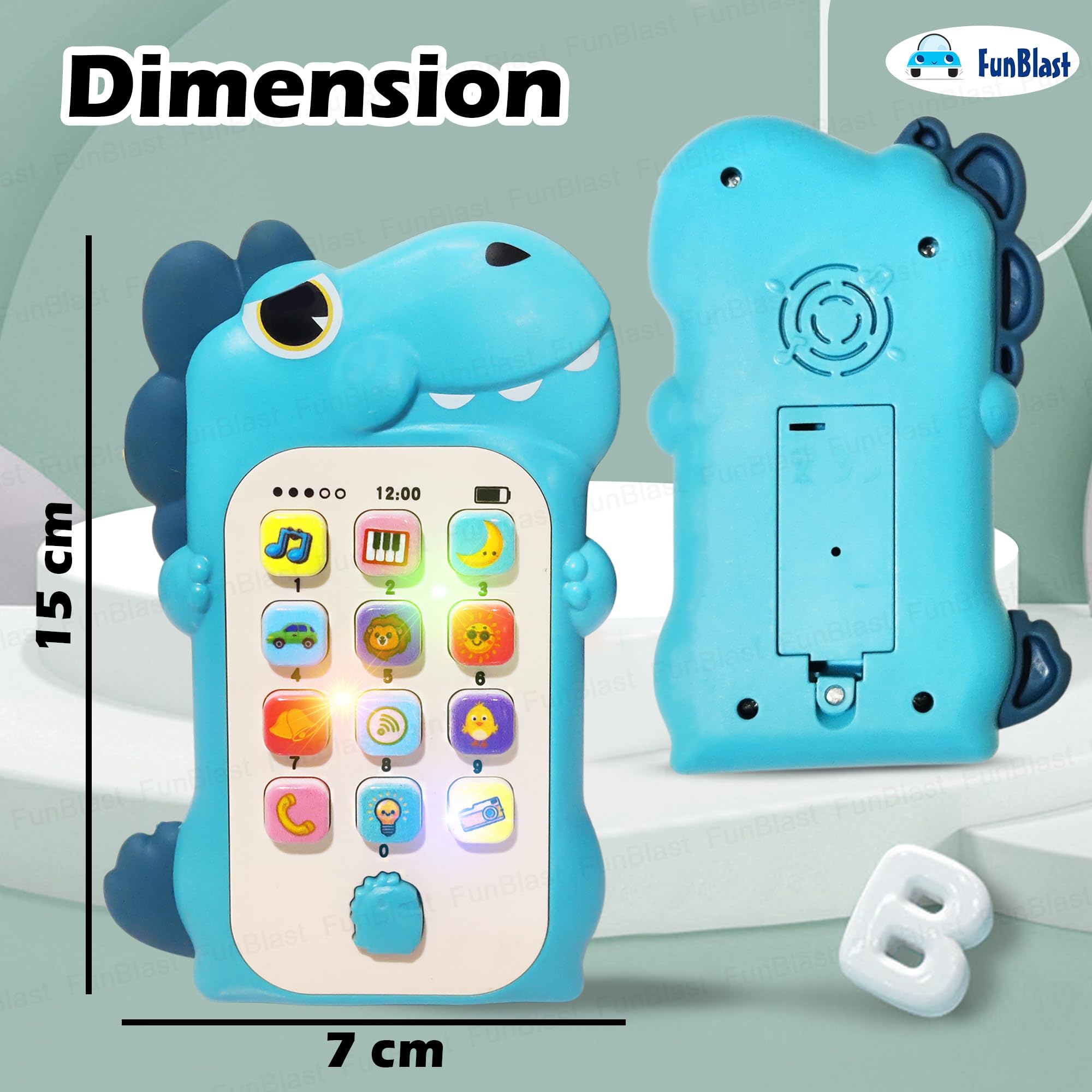 FunBlast Cartoon Musical Mobile Phone for Kids, Mobile with Light & Sound Toys for Babies | Educational Toys for Kids 3+ Years/Boys/Girls-1 Unit (Dino-Blue) 2