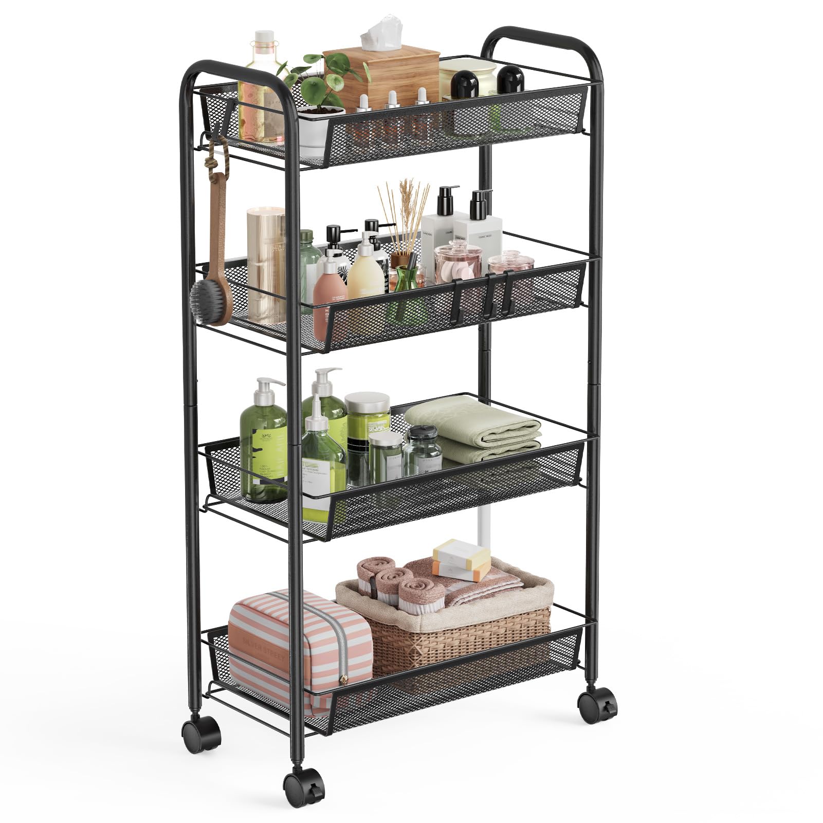WELDUN Carrello Portaoggetti A 4 Livelli, Carrello A Rete, Carrello Portaoggetti Mobile Per Camera Da Letto, Cucina, Bagno, Soggiorno, Metallo, Nero