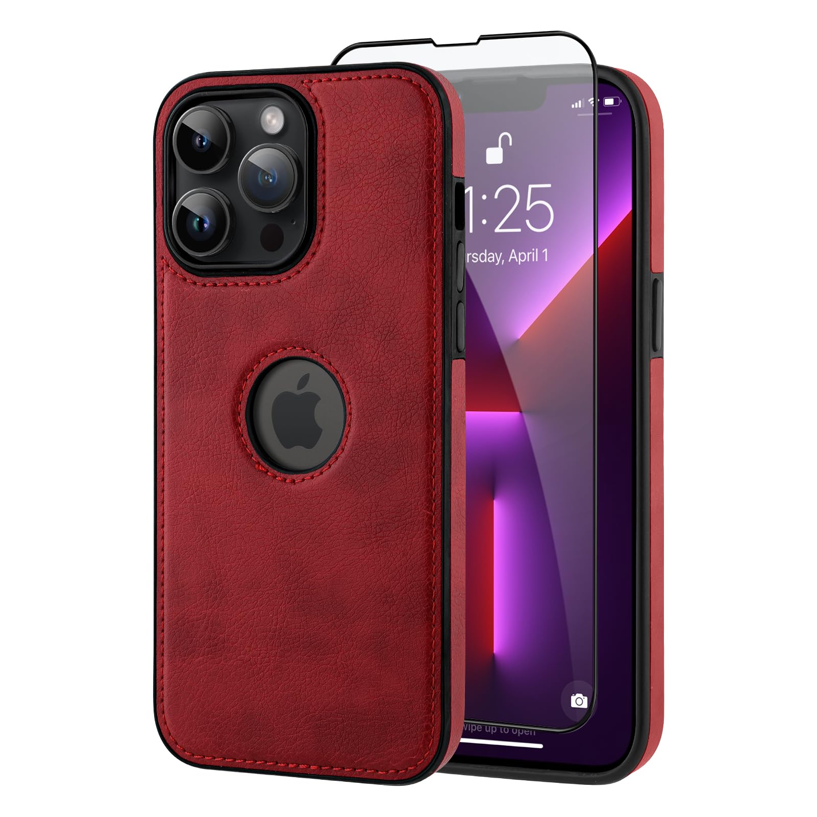 Magnetic Case for iPhone 13 Pro Max [Compatible with Magsafe] PU Leather Shockproof Protection Slim Luxury Phone Cover with Tempered Glass Screen, Red