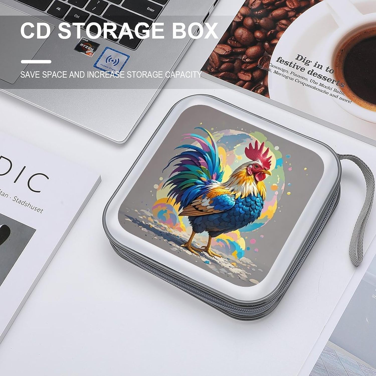 Art Colorful Chicken CD Case 40 Capacity DVD Case Holder Hard Plastic DVD Disc Storage Binder for Car Portable Zipper Disc Storage Organizer Wallet Bag for Home Travel image 4