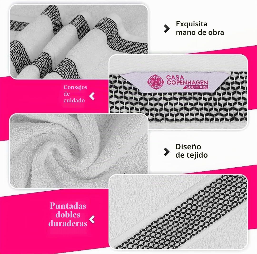 Casa Copenhagen Juego de 6 Toallas de baño 600 gsm, Negro-Blanco | Solitaire Mix 100% algodón egipcio puro para baño, cocina y ducha 2toallas baño, 2de mano, 2paños (set regalo mujer y hombre)