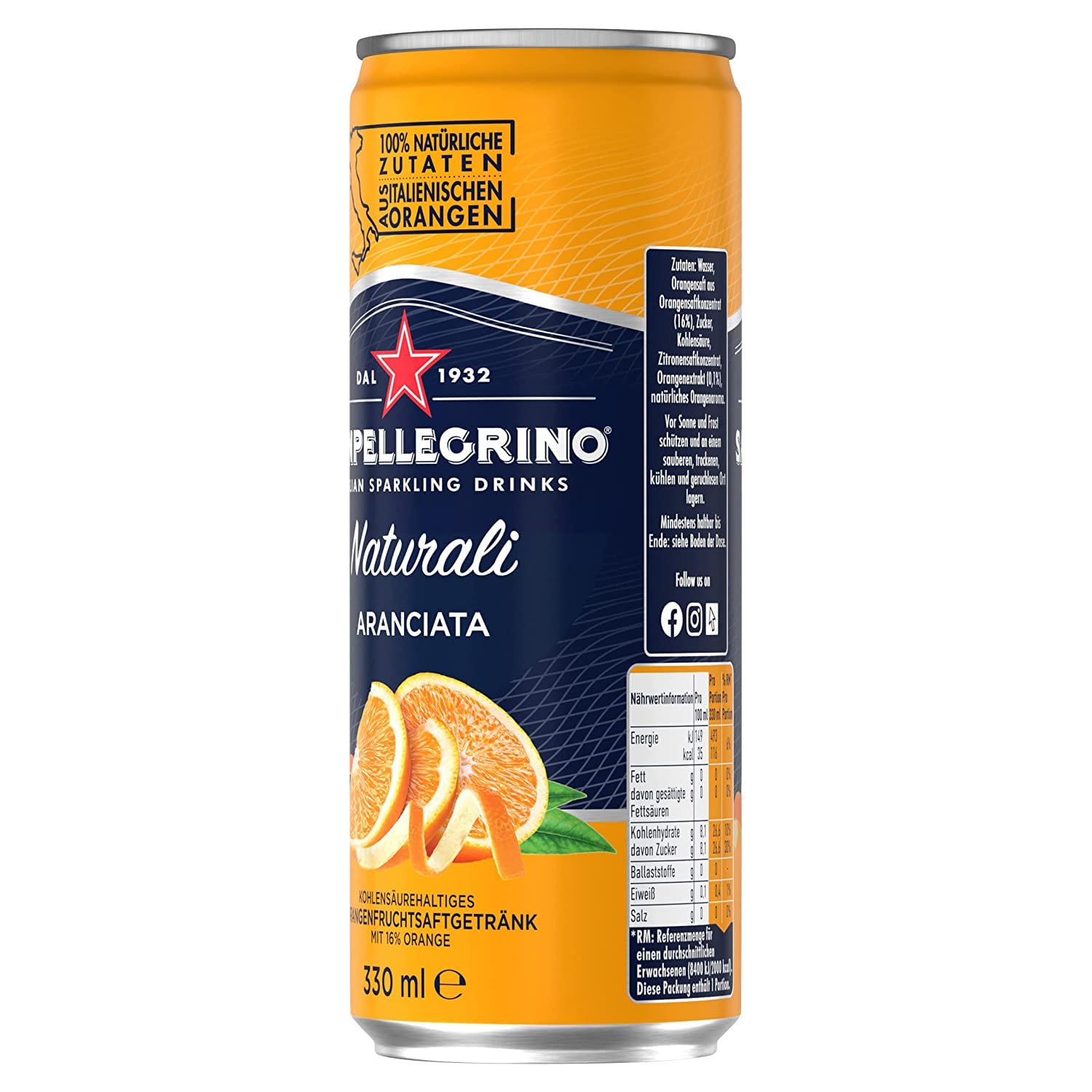 San Pellegrino | Orangen Limonade | Aranciata | Hoher Fruchtanteil 20% frisch gepresster Orangen | Leicht herbe Geschmacksnote | Ideal für unterwegs | 72er Pack (72 x 0,33l) Einweg Dosen