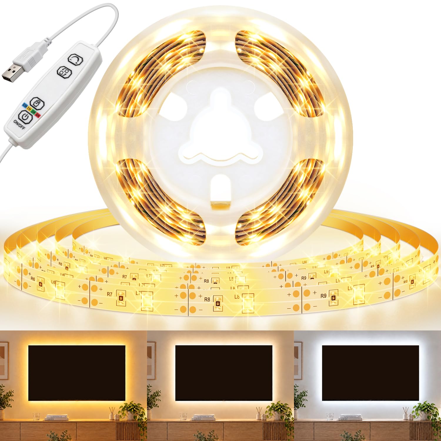 2M LED Strip Lights USB Powered, Dimmable Warm White & Cool White