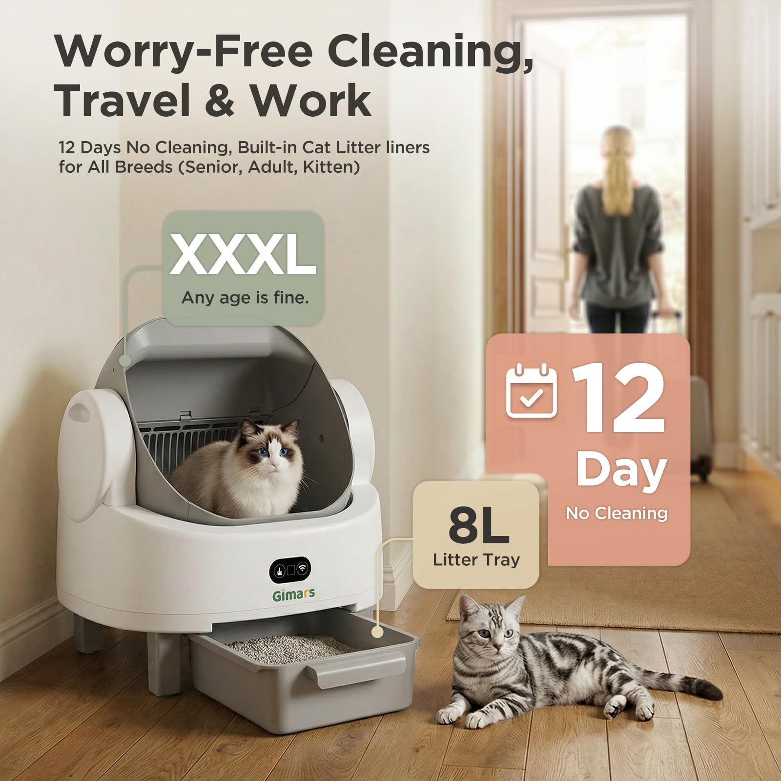 Gimars Open Top Design Self Cleaning Litter Box, Automatic Cat Litter Box for Multiple Cats & Senior Cats, App Control with Safety Sensors, Low Odor, Includes Trash Bags & Litter Mat - image 2