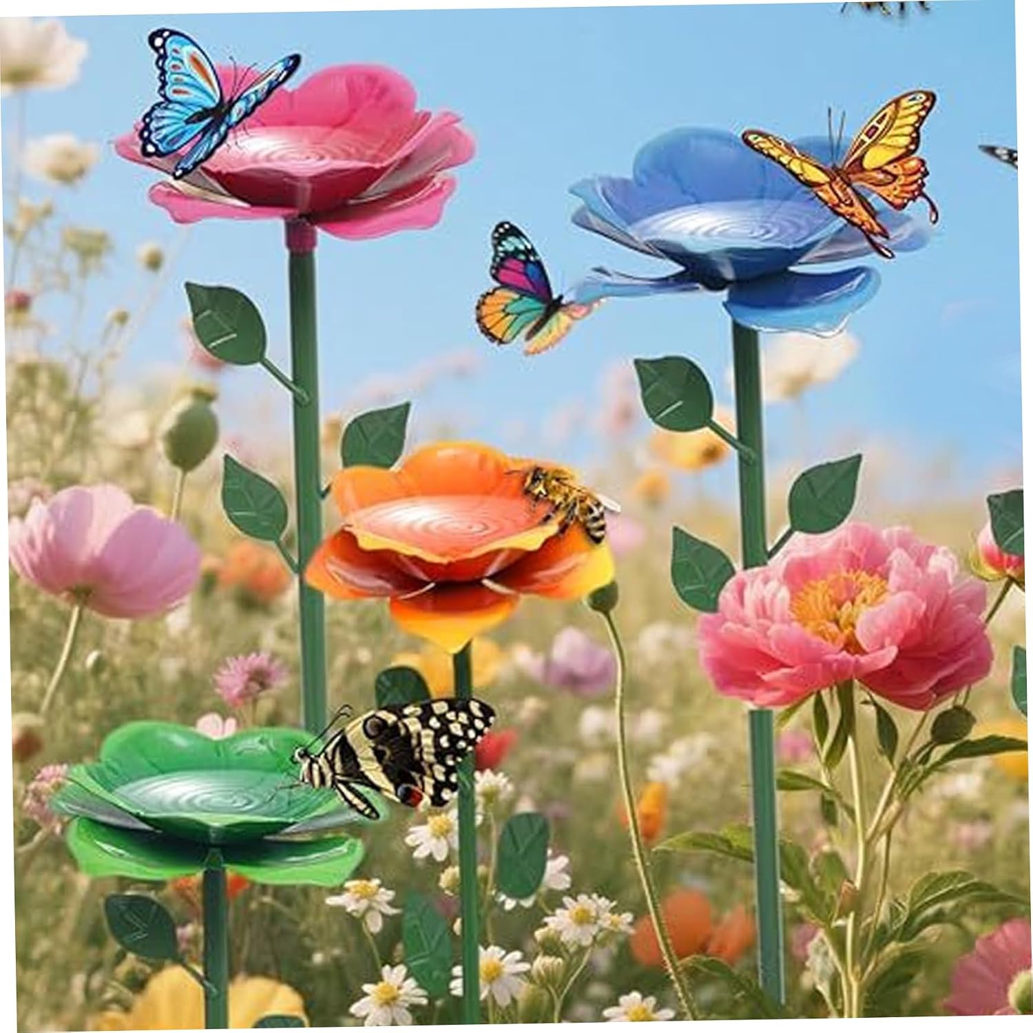 Bee Watering Station, 4-Pack Colorful Flower Design Metal Butterfly Feeder Cups with Stakes, Garden Yard Decor for Attracting Pollinators..