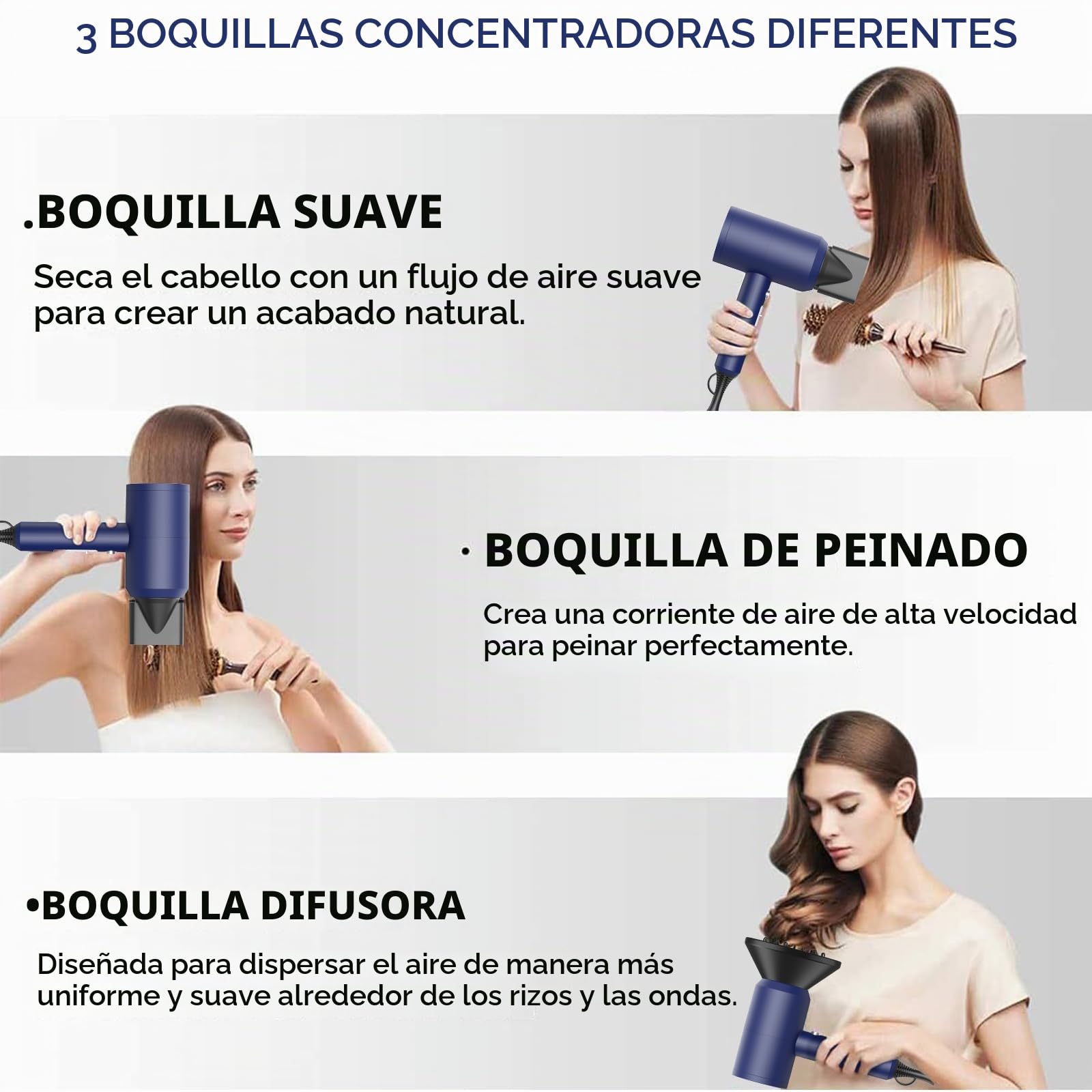 Slopehill secador de pelo ionico,secador pelo profesional Motor AC 1800W, Rápido Secado Cabello, 3 Temperaturas 2 Velocidades, Botón Aire Frío, 2 Concentradores y 1 Difusor (Azul oscuro)
