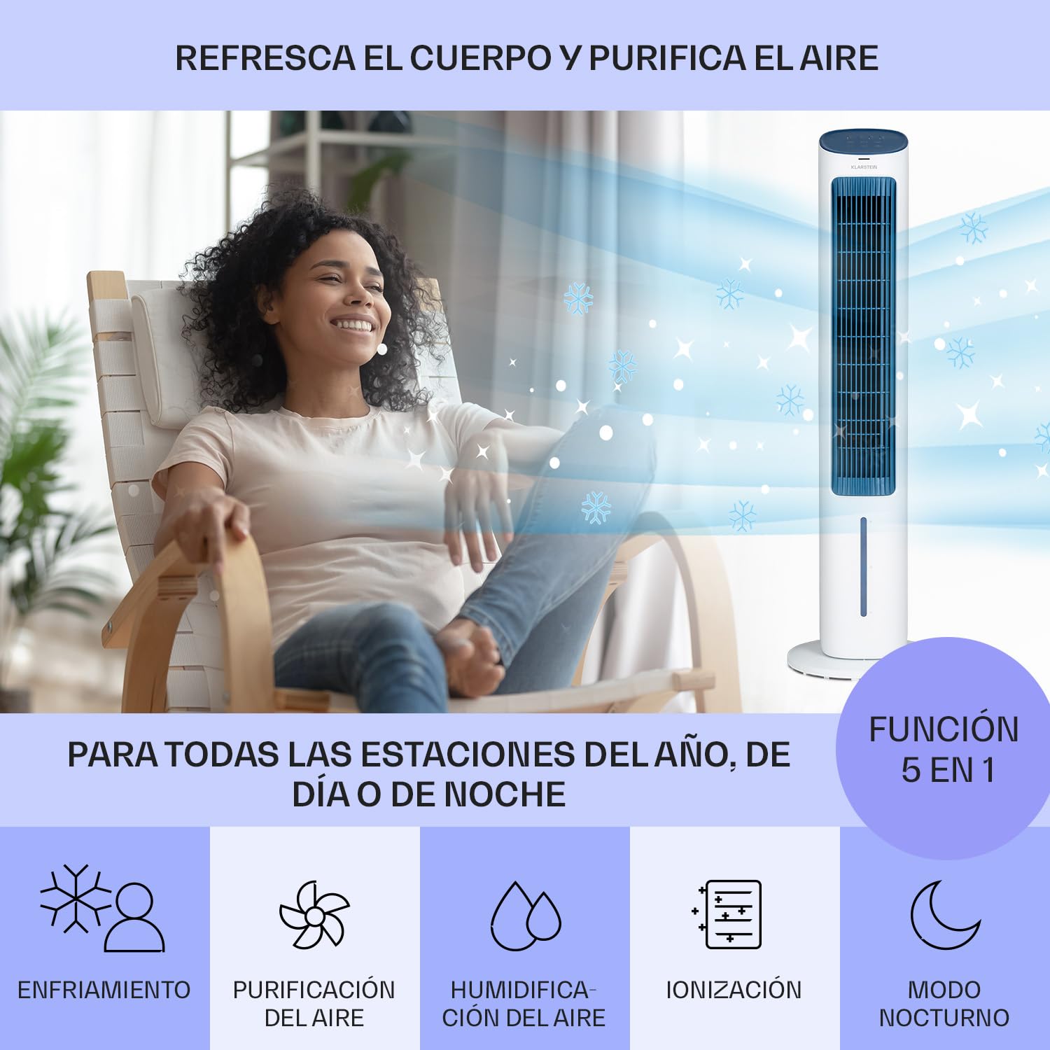 Klarstein Climatizador Portatil Frio 5 en 1 Ionizador, Mini Enfriador de Aire, Silencioso Modo Noche, Mando a Distancia, Humidificador, Ventilador, Purificador, Aparatos Aire 360m³/h, 50W, Blanco