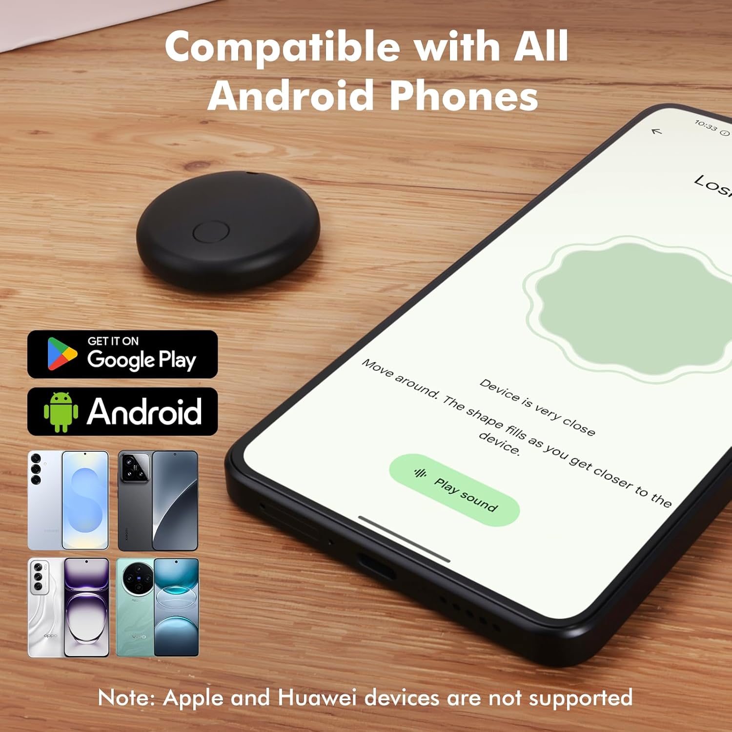 Smartphone screen showing the Google Play Store logo and Android logo, with various Android phone models displayed, indicating compatibility.