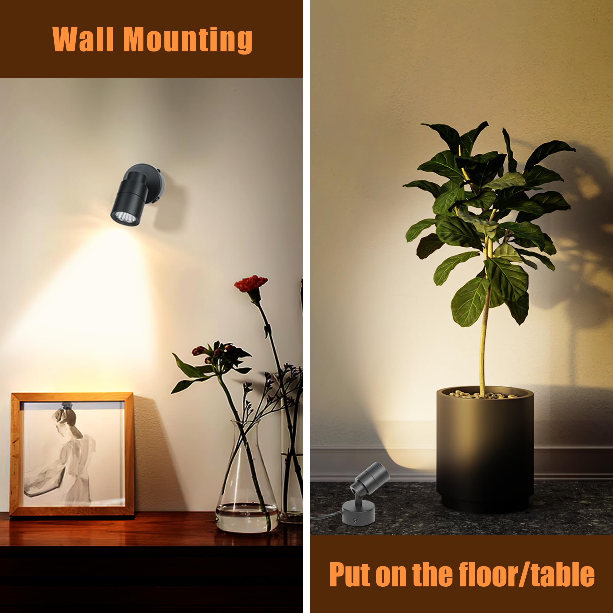 LED Spotlights Indoor, 5W Plants Uplighting with Remote Control Dimmable & Timer, 3000K/4000K/5000K Adjustable Floor Spot Lights for Pictures Artwork, Accent Stick on Wall Light with 5.9 FT Plug Cord