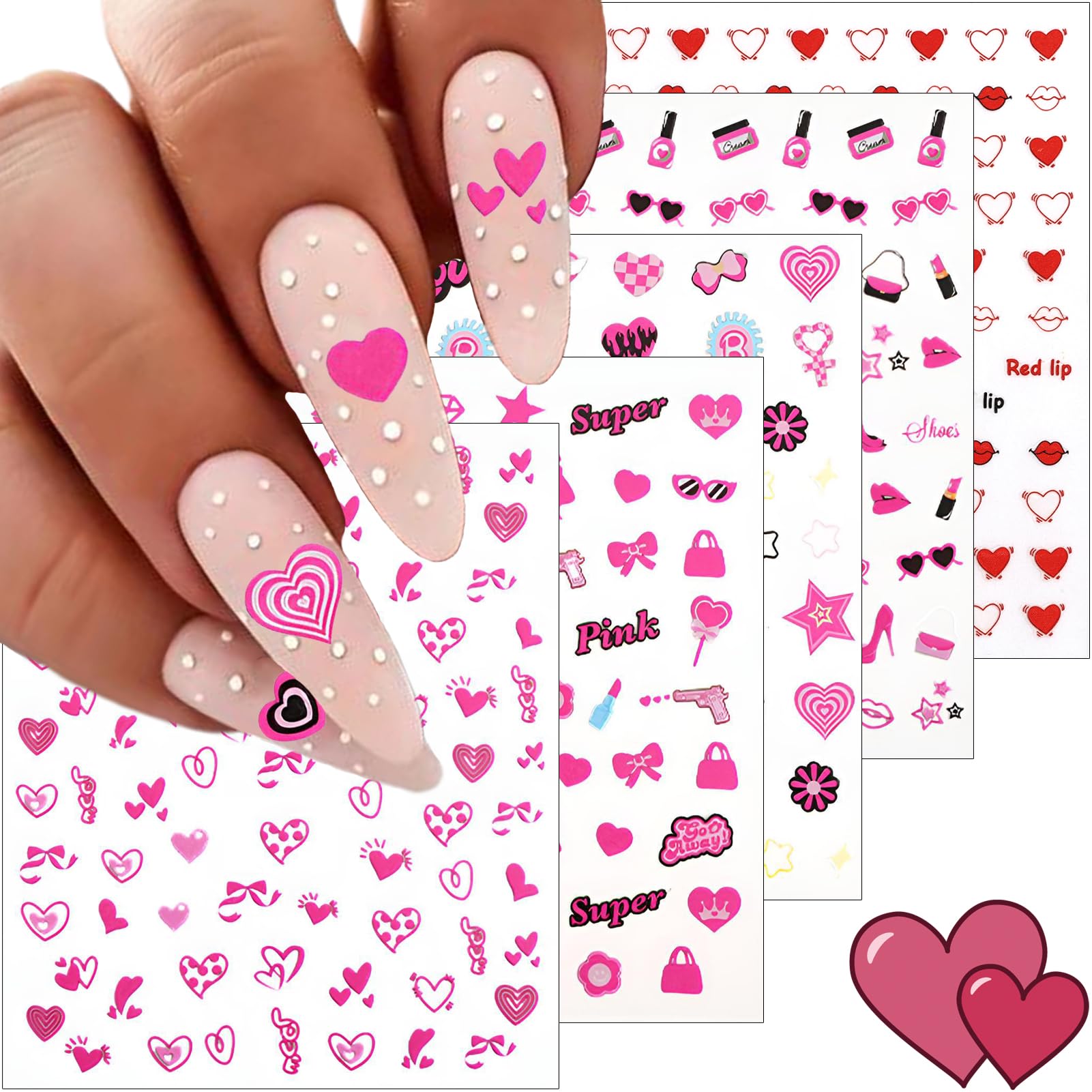 winthrop 8 Sheets Valentine's Day Nail Art Stickers, Charming Heart Lips High Heels 3D Trendy Design Self-Adhesive Pink Nail Art Decals, DIY Manicure