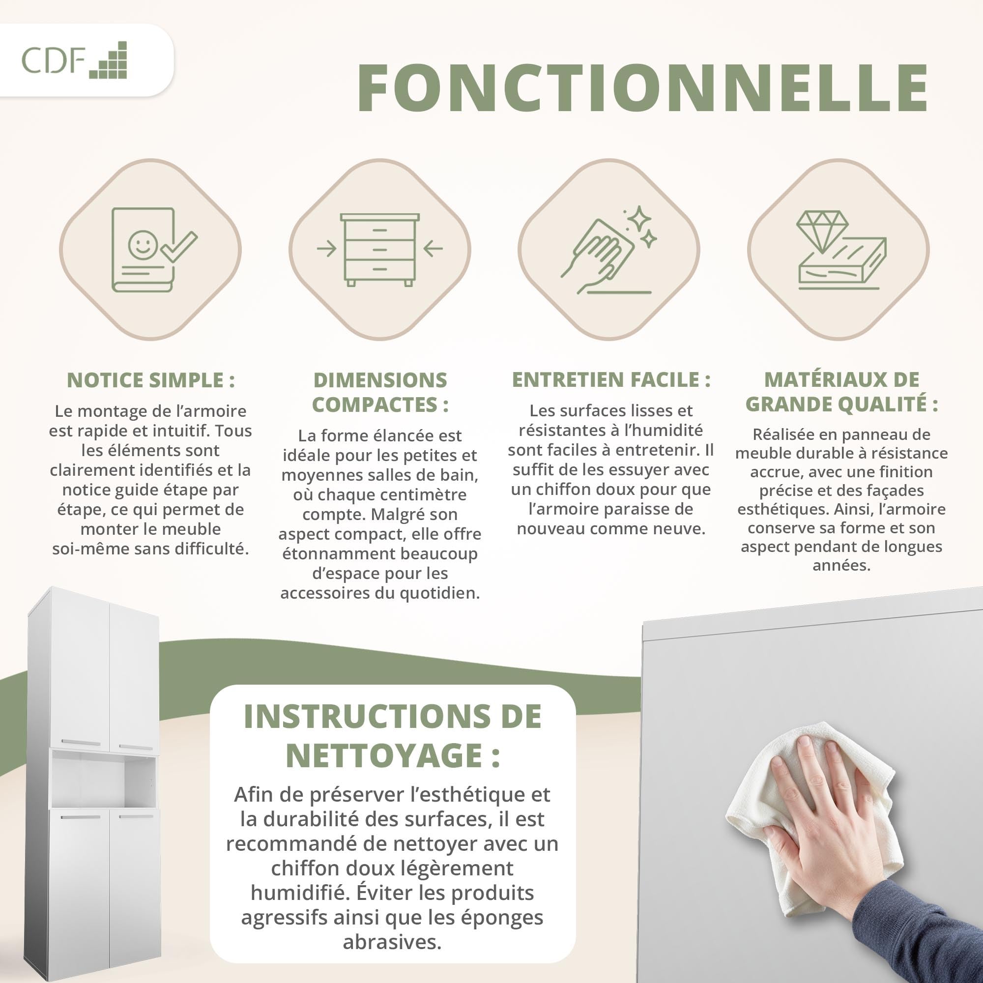 CDF Armoire Haute Salle de Bain Meuble Colonne de Salle de Bain Armoire de Rangement à 4 Portes avec Etagère Réglable pour Salon Cuisine - 60x30x174 cm Blanc - 1 Panier à Linge