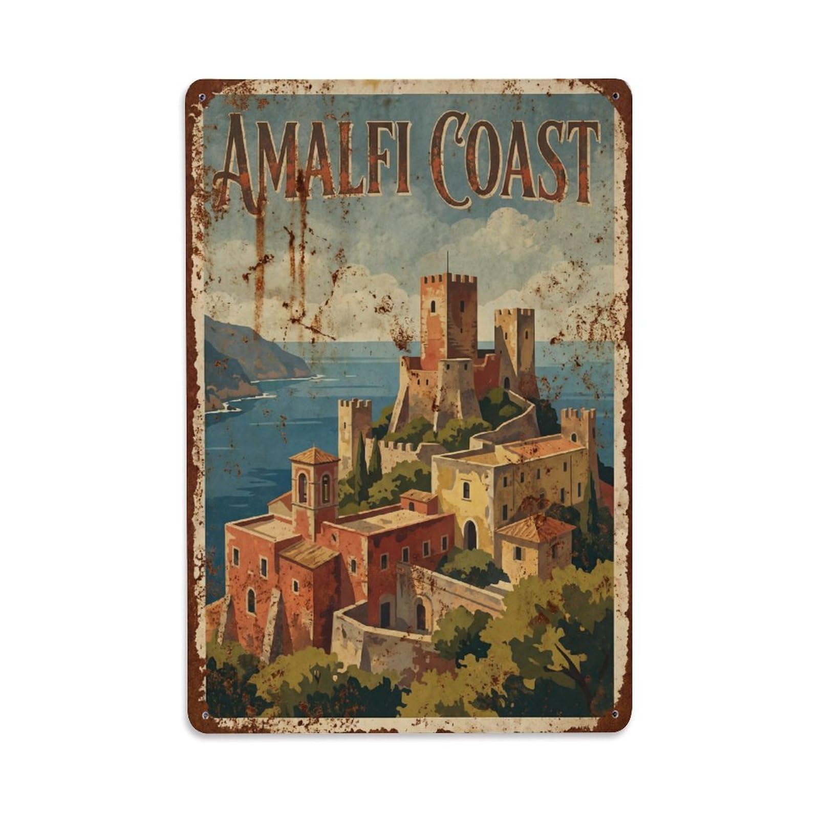 Vintage Travel Fortress Italy Hilltop Metal Tin Sign