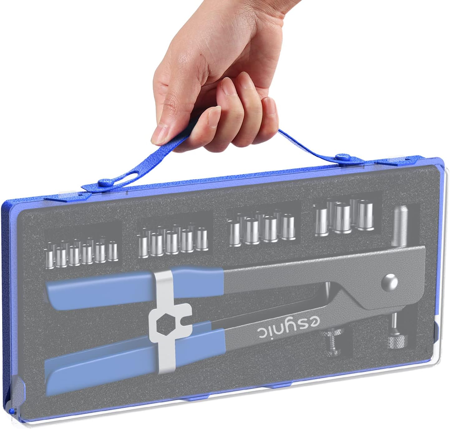 eSynic 86Pcs Heavy Duty Hand Riveter Kit Rivet Gun, Threaded Rivet Nut Tool Rivet Nut Kit Nut Rivet Tool, Rivet Nutsert tool kit, Hand Riveter Rivet Nut Gun With Interchangeable Mandrel M3 M4 M5 M6 M8