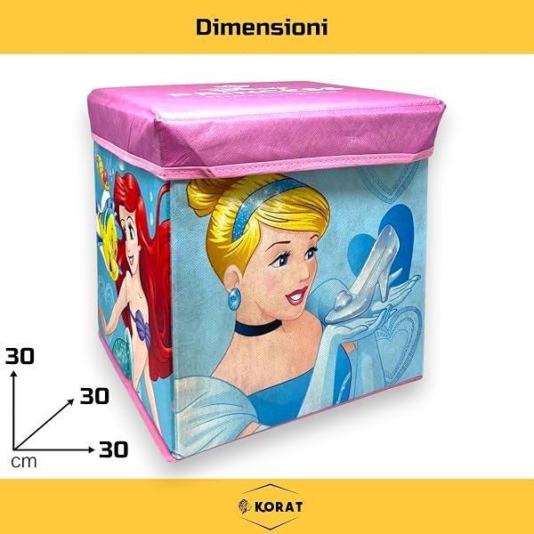 KORAT - Pouf Contenitore Pieghevole per Bambini 30x30x30 cm con Coperchio – Cubo Porta Giochi in Tessuto, Scatola Portaoggetti Salvaspazio per Cameretta, Seduta Decorativa (Principesse Disney) - 3