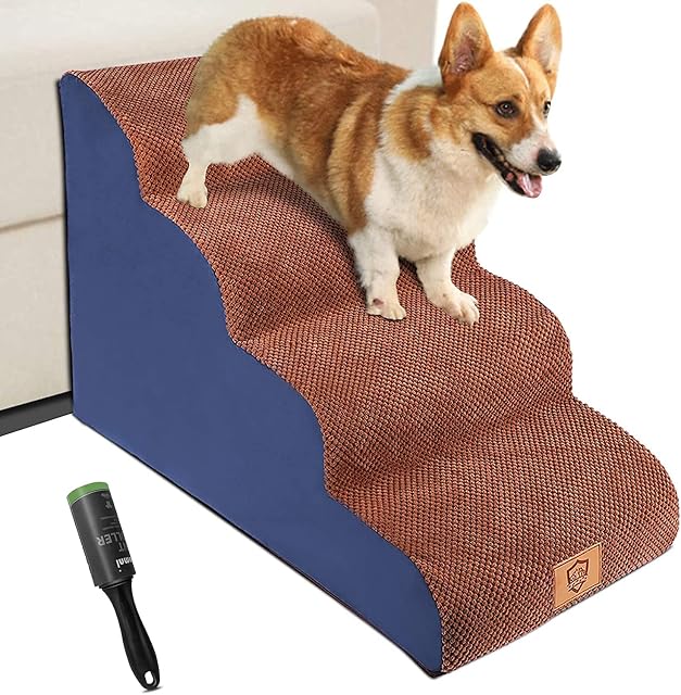MASTERTOP Dog Stairs, 4-Steps Pet Foam Ladder, High Density Foam Dogs Ramps,Non-Slip Pet Stairs Step Dog Ramp Sofa Bed Ladder For Dogs Cats,1 Lint Roller Gift