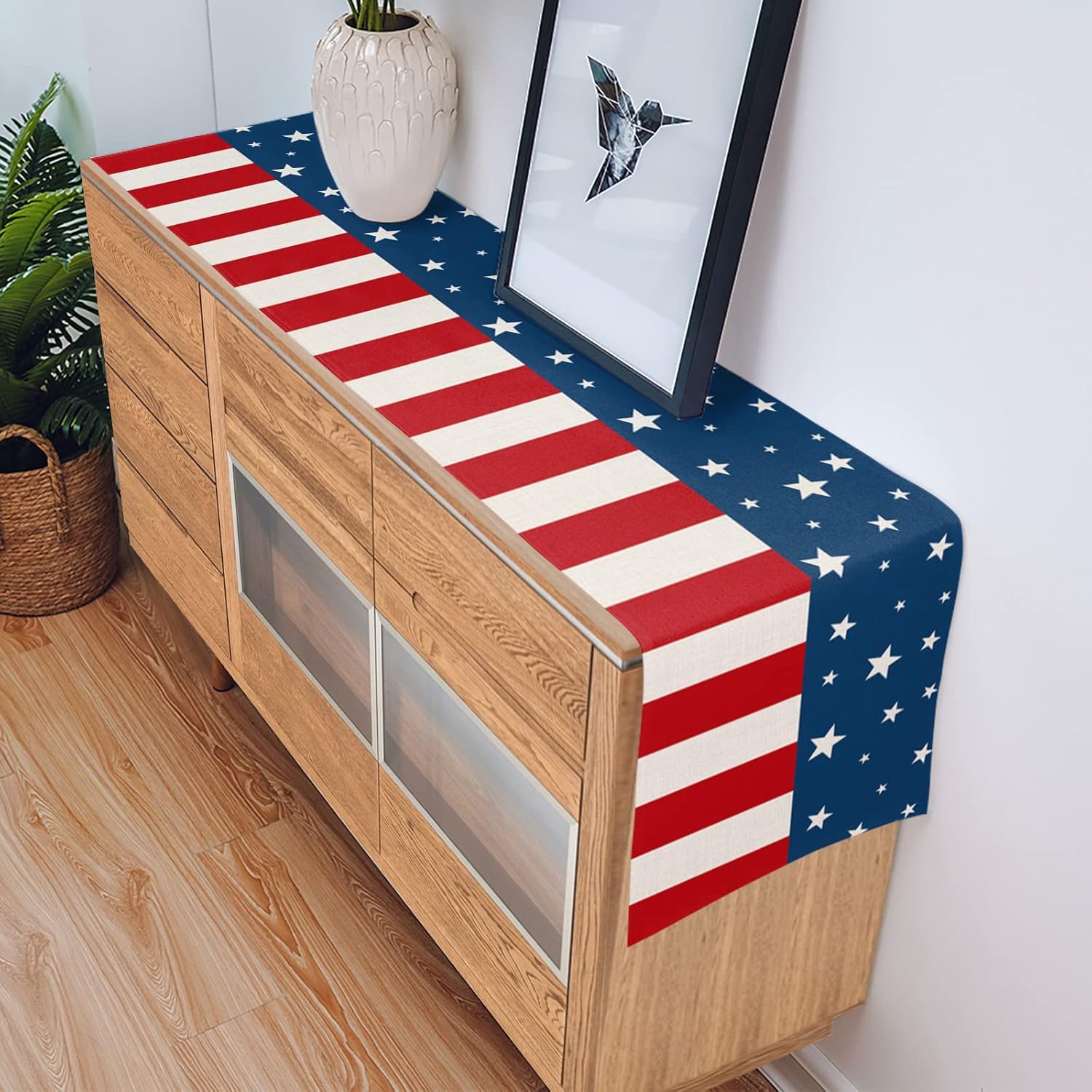 4th of July Table Runner American Stars Flag Table Runners Independence Day Stripes Patriotic Cotton Linen Dresser Scarf Kitchen Dining Table Decor for Memorial Day July 4th Holiday Party 13x108 Inch