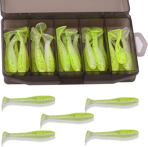 Cebo de cola de remo, 40 cebo acanalado de 3 pulgadas de plástico suave para pesca de lubina con caja de aparejos incluida