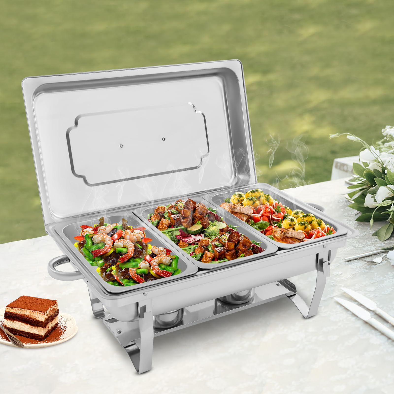 Zestaw naczyń Chafing Dish, 3 x pojemnik utrzymujący ciepło 2,5 l do bufetu z uchwytem na palnik, profesjonalny podgrzewacz do potraw do cateringu, na imprezy i gastronomię, nadaje się do mycia w