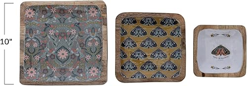 Miniatura 3 de Creative Co-Op Polillas y flores de madera esmaltada, juego de 3 tamaños, bandeja multicolor, multicolor