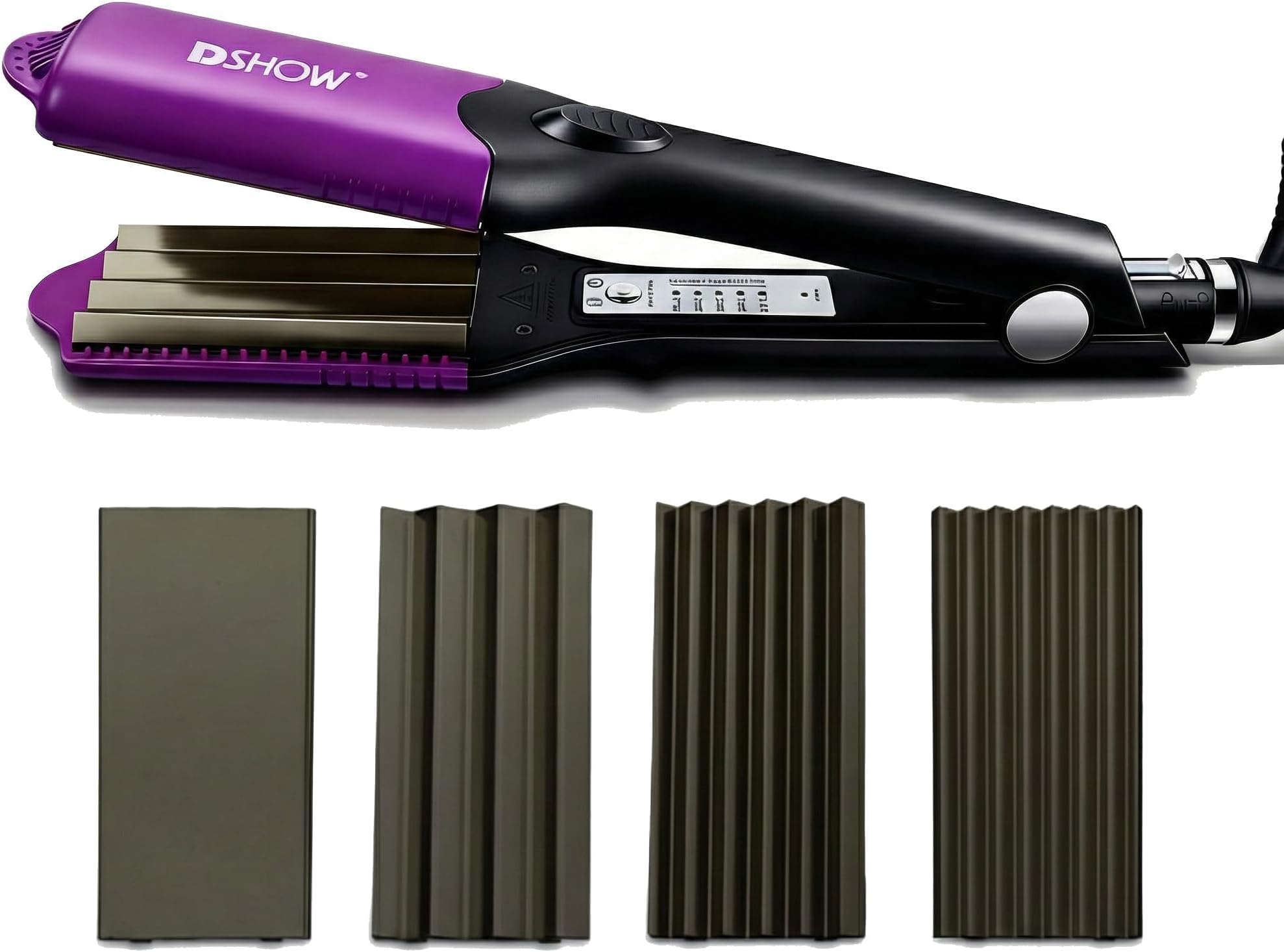 DSHOW 4-in-1 Hair Crimper for Women Crimping Iron for Hair with 8/6/4 Tooth Flat Interchangeable Plates, Titanium Ceramic Coated Tool for Root Lift, 80s Zigzag Texture, 5 Heat 140-220℃, Dual Voltage