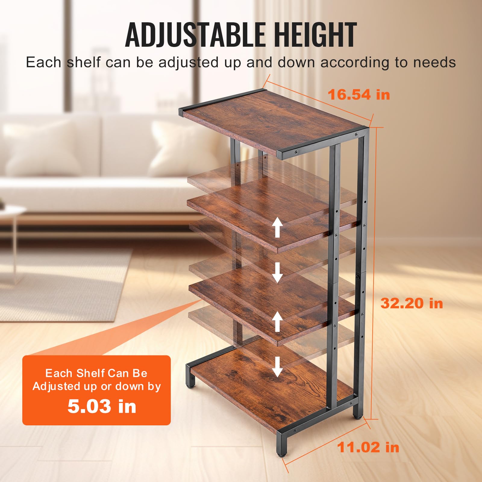 VEVOR Scaffale Portaoggetti Multimediale Altezza Regolabile 420 x 280 x 818 mm, Supporto Multimediale Audio-video 4 Ripiani in Legno per Attrezzatura Multimediale, Mobiletto Portaoggetti Marrone