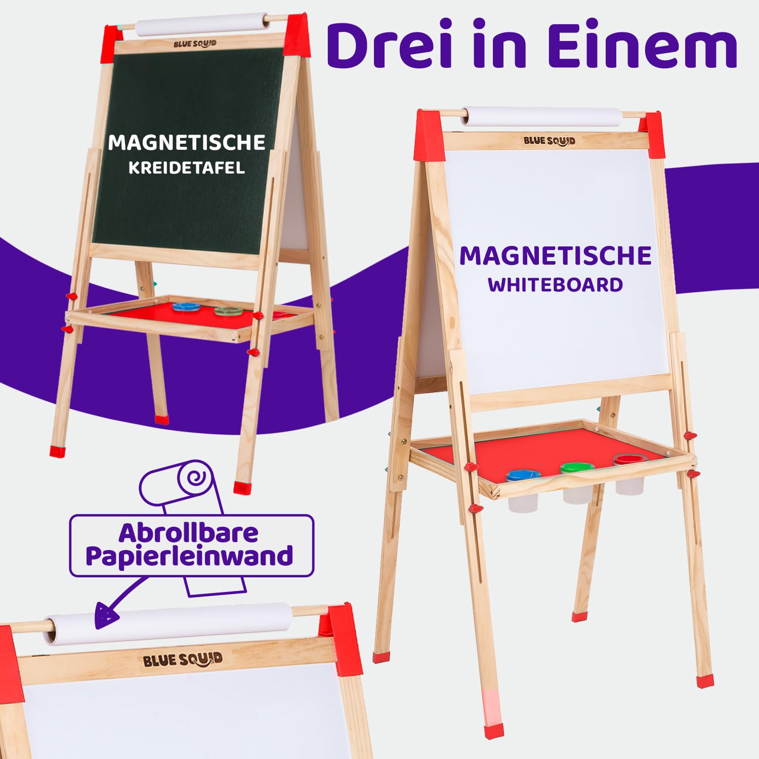 Kunst Staffelei für Kinder mit Zubehör- Doppelseitige hölzerne Tafel für Kinder mit magnetischer Kreidetafel, abwischbarem Whiteboard & Papierrolle, Kindertafel mit Kreide und Magnet 2-4 4-8 9-12