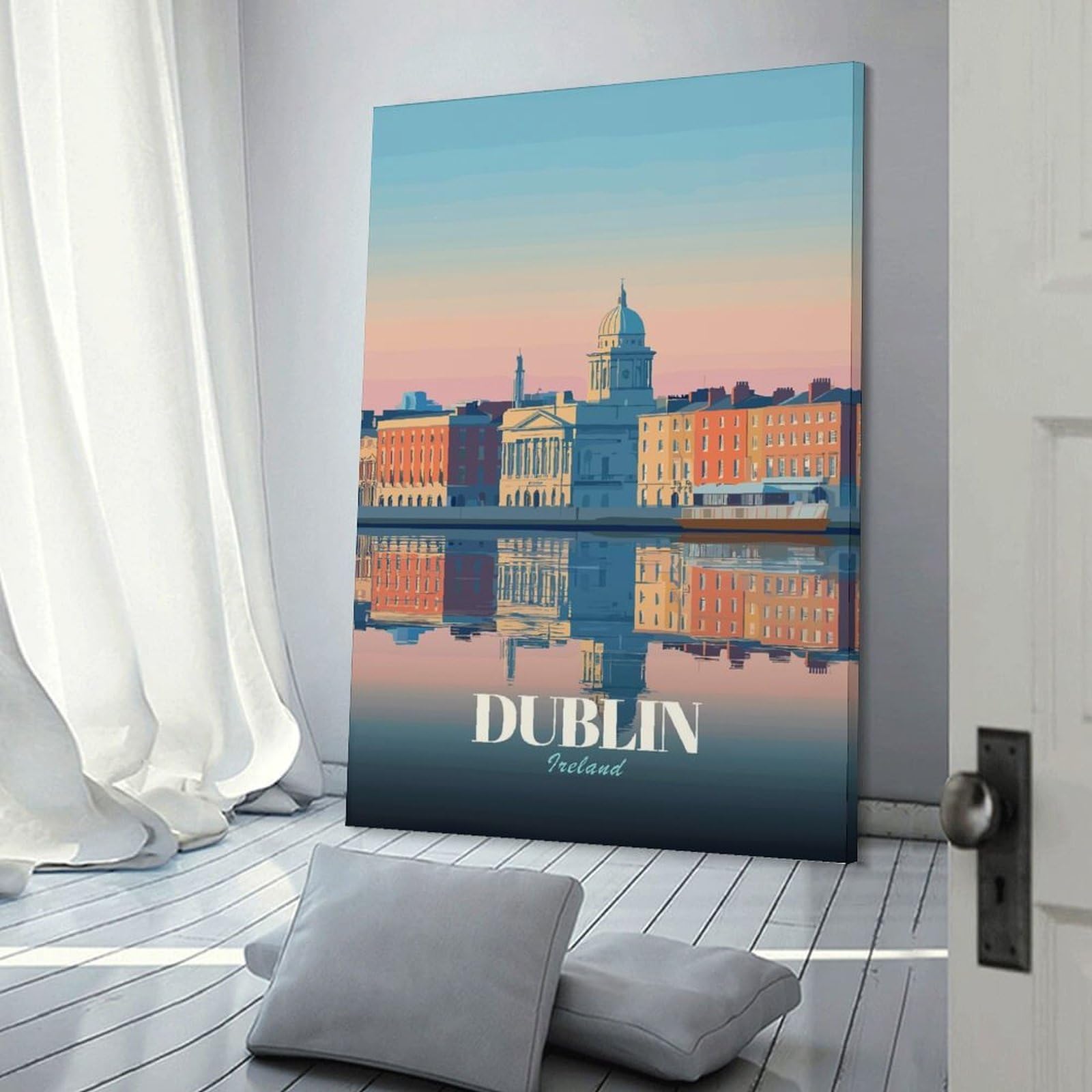 Junmoney Dublin Ireland Cityscape Reflection Art Hanging Wall Art 08x12inch(20x30cm), for Small Homes, Bedrooms Or Open Spaces, Decorative Canvas Decor for Home Updates
