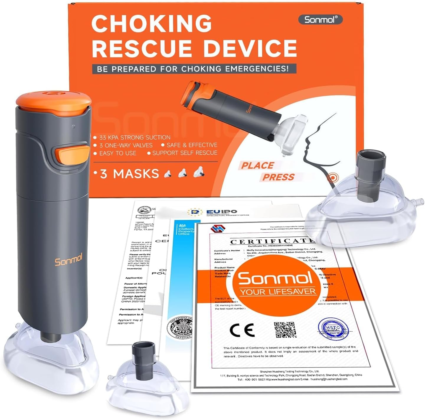 Sonmol Automatic Anti Choking Device for Kids and Adults, Choking Rescue Device with 3 Masks, Portable Airway Suction Device for Children and Adults, First Aid Kit Portable and Lightweight