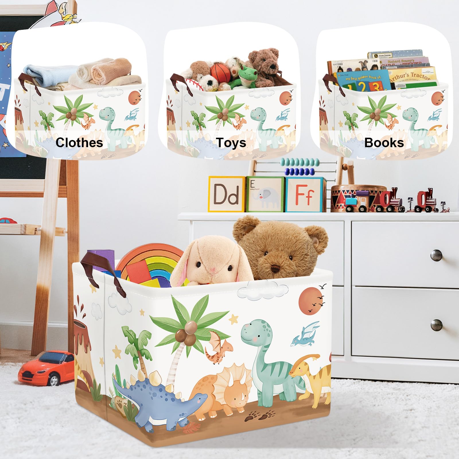 Grande Cesta Porta Biancheria Bambini Dinosauri Pieghevole Cestini Portaoggetti Giocattoli Vestiti per Bagno Cameretta, Marrone, 36L