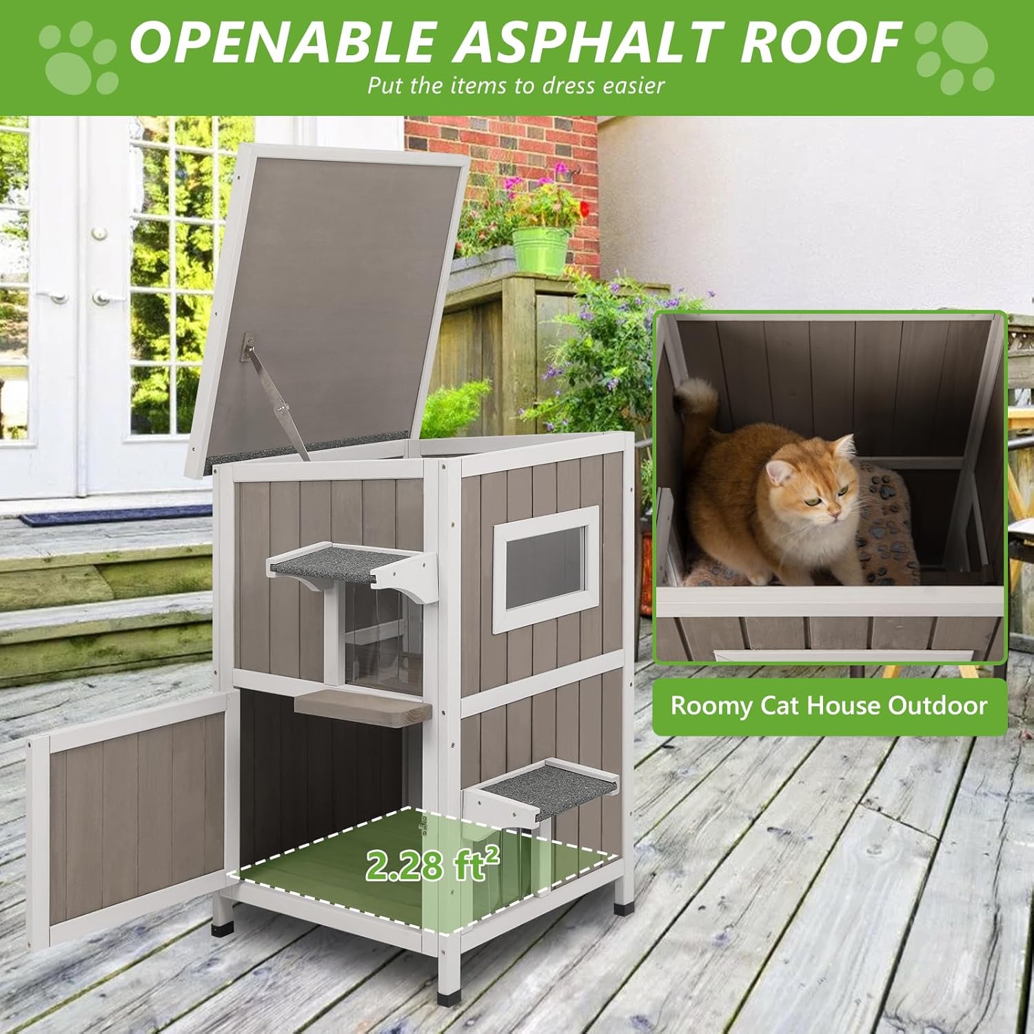 Gowoodhut Cat House Outdoor Cat Shelter 2 Story Feral Cat Shelter Weatherproof for Winter Indoor Cats Cat Houses, Wooden Cats House Waterproof with Escape Doors-P20 Grey