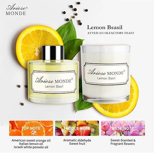 Miniatura 3 de Juego de difusor de varillas y velas perfumadas, varillas difusoras de aceite de albahaca y limón, difusor de fragancia y velas de cera de soja en