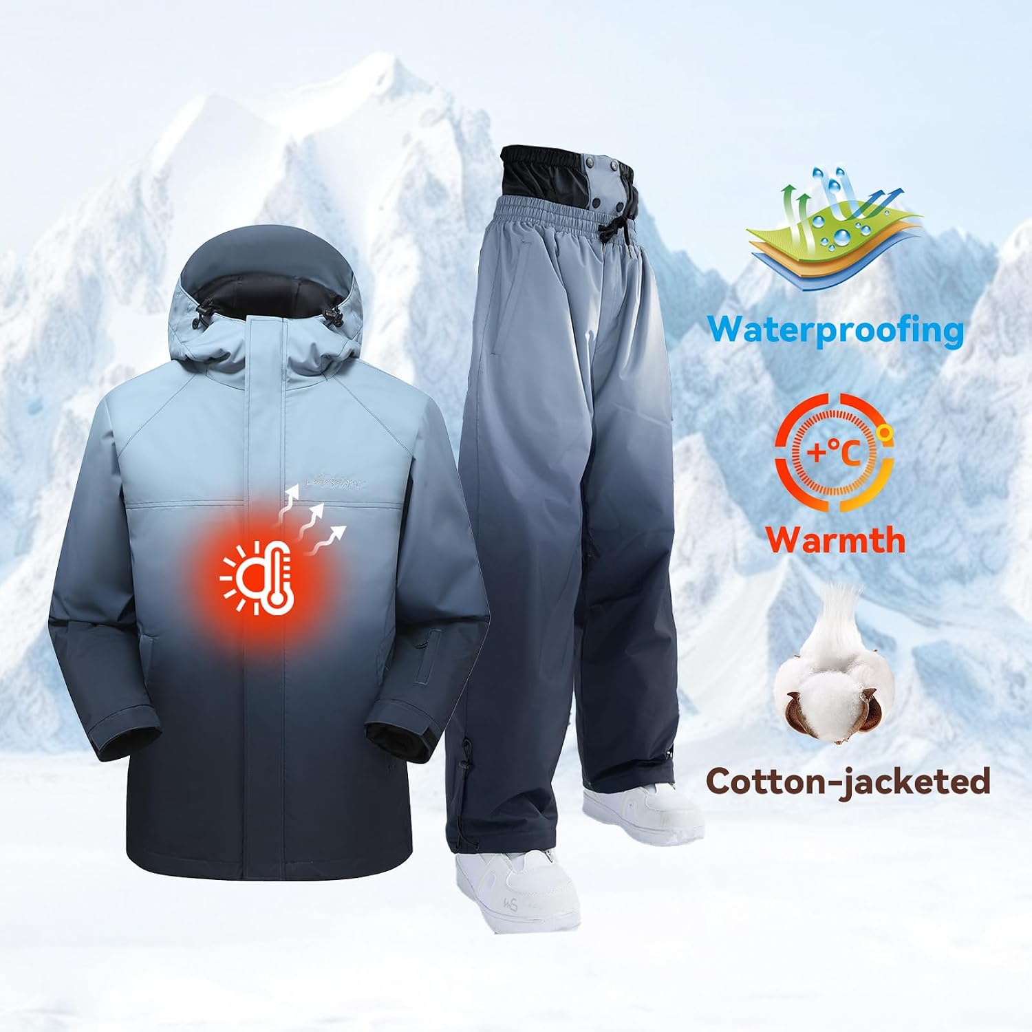 Womens Waterproof Ski Jacket and Pants Set, Windproof Ski Suit, Adult Baggy Hooded Raincoat Jacket for Hiking